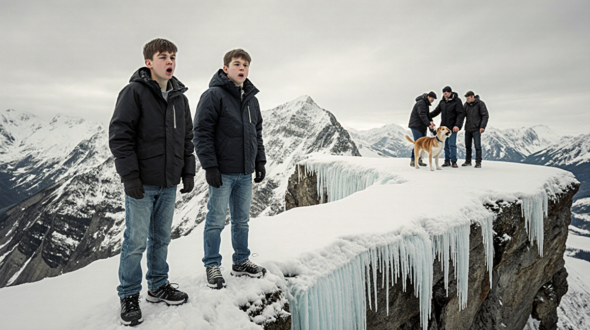 Two teenage boys standing with shocked on Striding Edge and a snow-covered ridge while adults with a small dog watch.