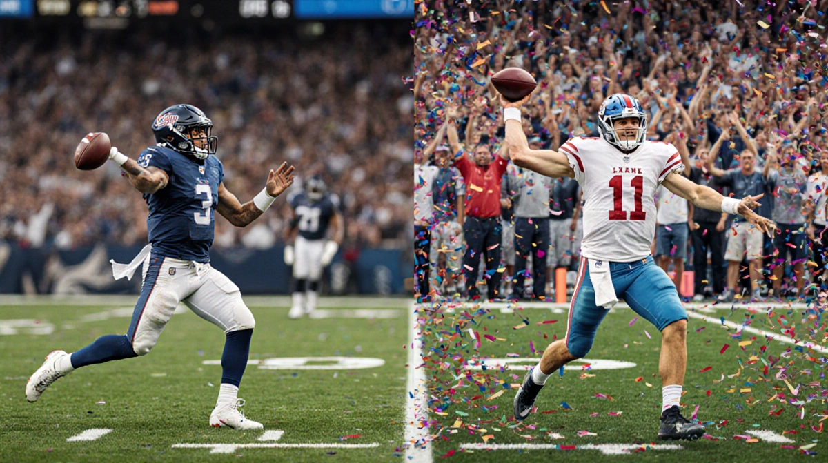 C.J. Stroud throwing interception on left with Drake Maye celebrating touchdown on right and blurred stadium crowd behind