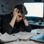 Student sits at cluttered desk with anxious expression and laptop open to generic text