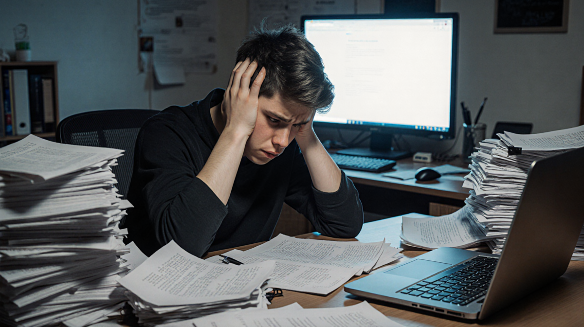 Student sits at cluttered desk with anxious expression and laptop open to generic text