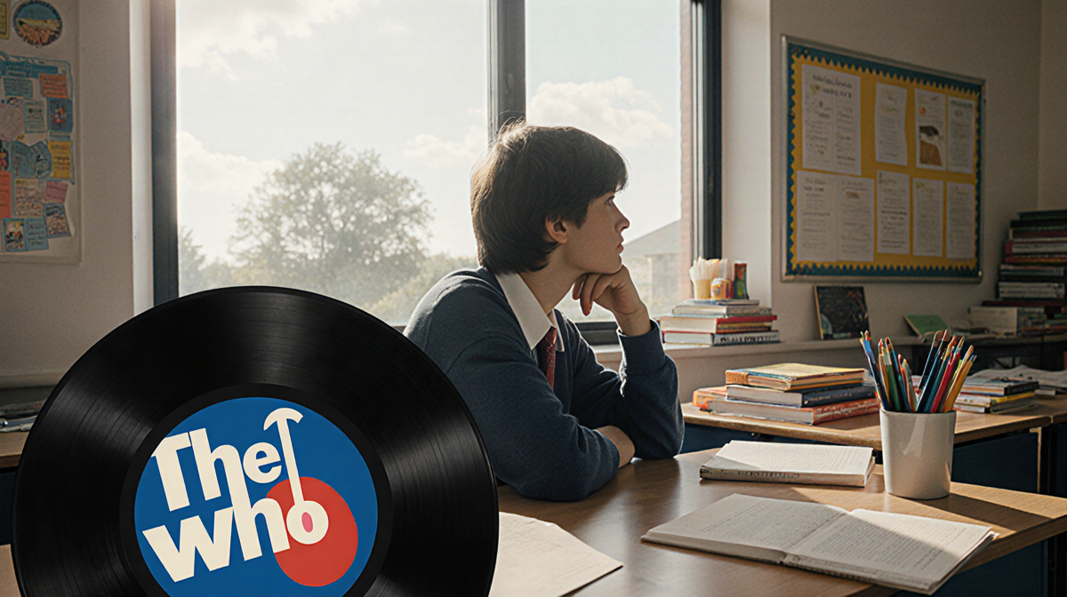 Student sits at desk looking out window with vinyl record of My Generation in front