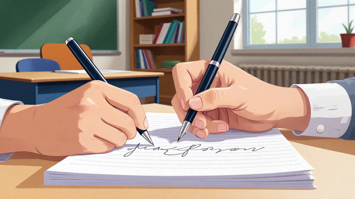 Student hands writing cursive with fountain pen on lined paper near a classroom window