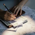 Student holding wallet with unpaid bills scattered around showing financial stress and determination