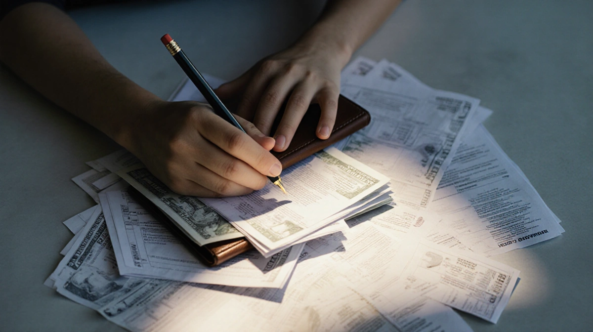 Student holding wallet with unpaid bills scattered around showing financial stress and determination
