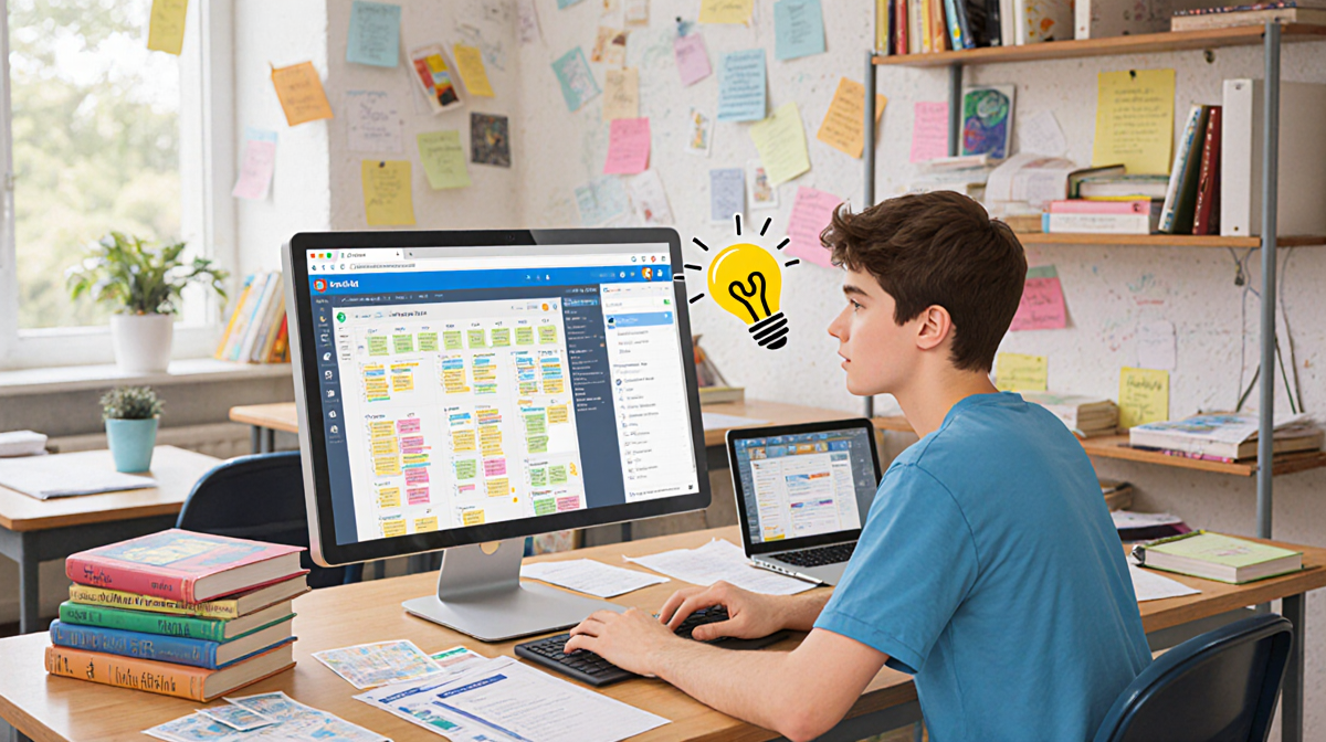 Student studying with laptop showing NotebookLM interface and flashcards while having a lightbulb moment