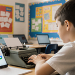 Young student typing on typewriter with Google‑logo smartphone nearby and natural light illuminating a modern classroom.