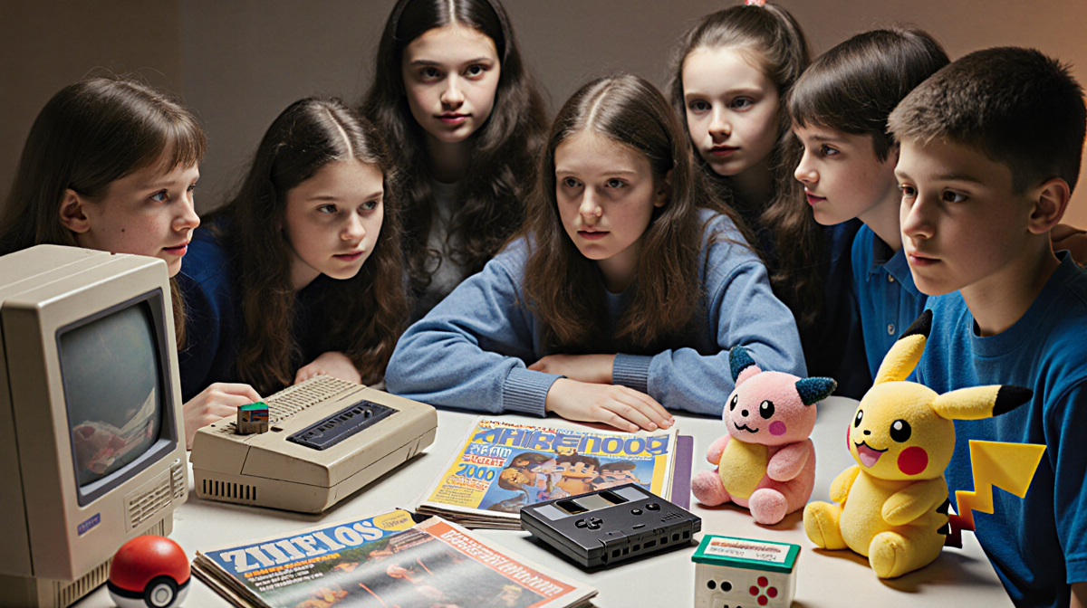 Students examine nostalgic 2000s items with vintage computer and Game Boy cartridges