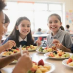 Smiling students eating healthy school lunch together with colorful fruits and vegetables on plates