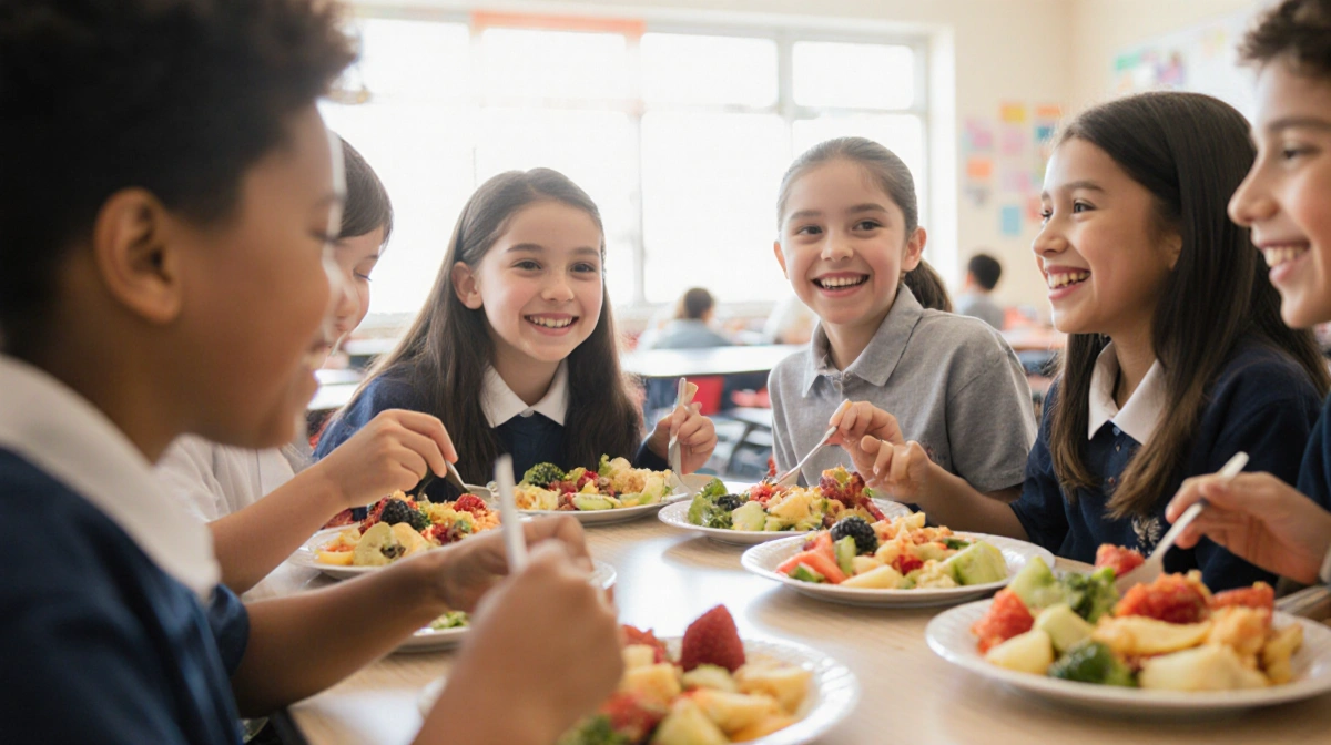 Smiling students eating healthy school lunch together with colorful fruits and vegetables on plates