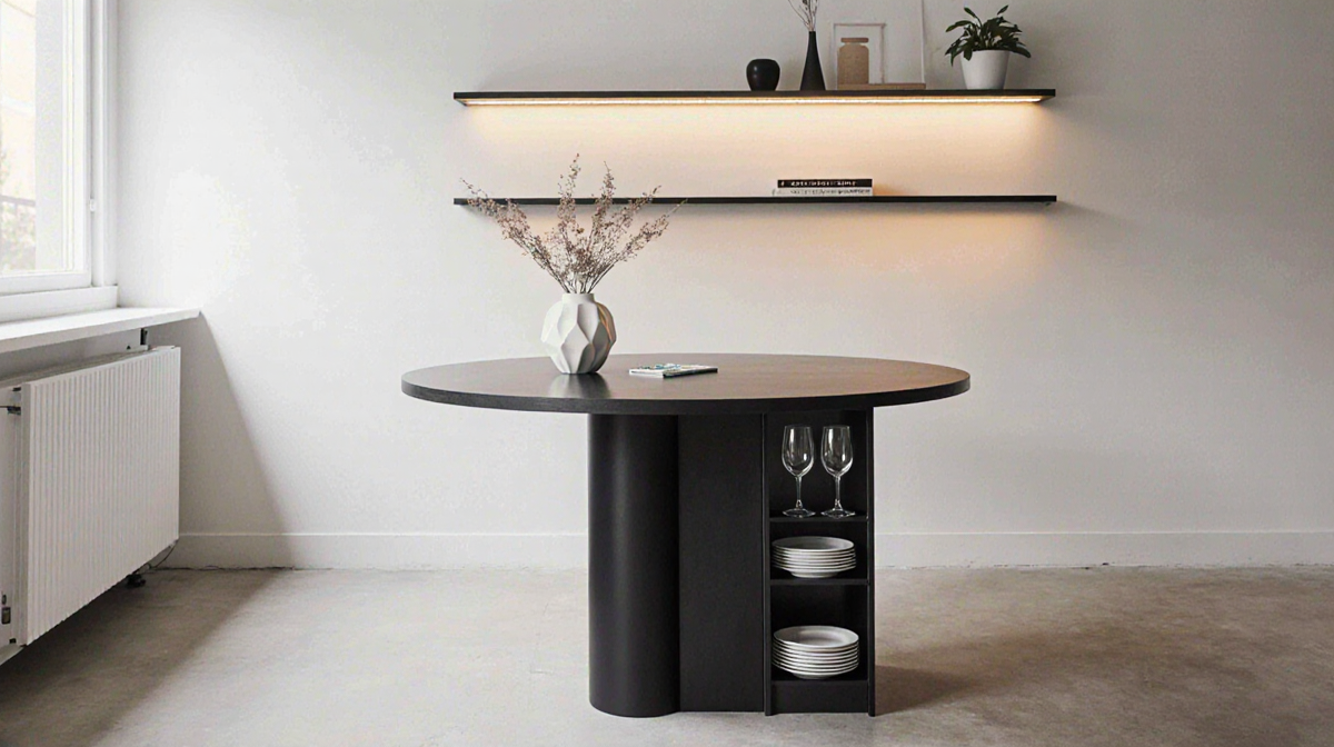 Compact pedestal dining table resting against a minimalist white wall with warm lighting highlighting hidden cabinet.