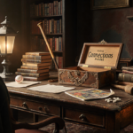 Ornate wooden puzzle box rests on desk with golden light and stacks of books