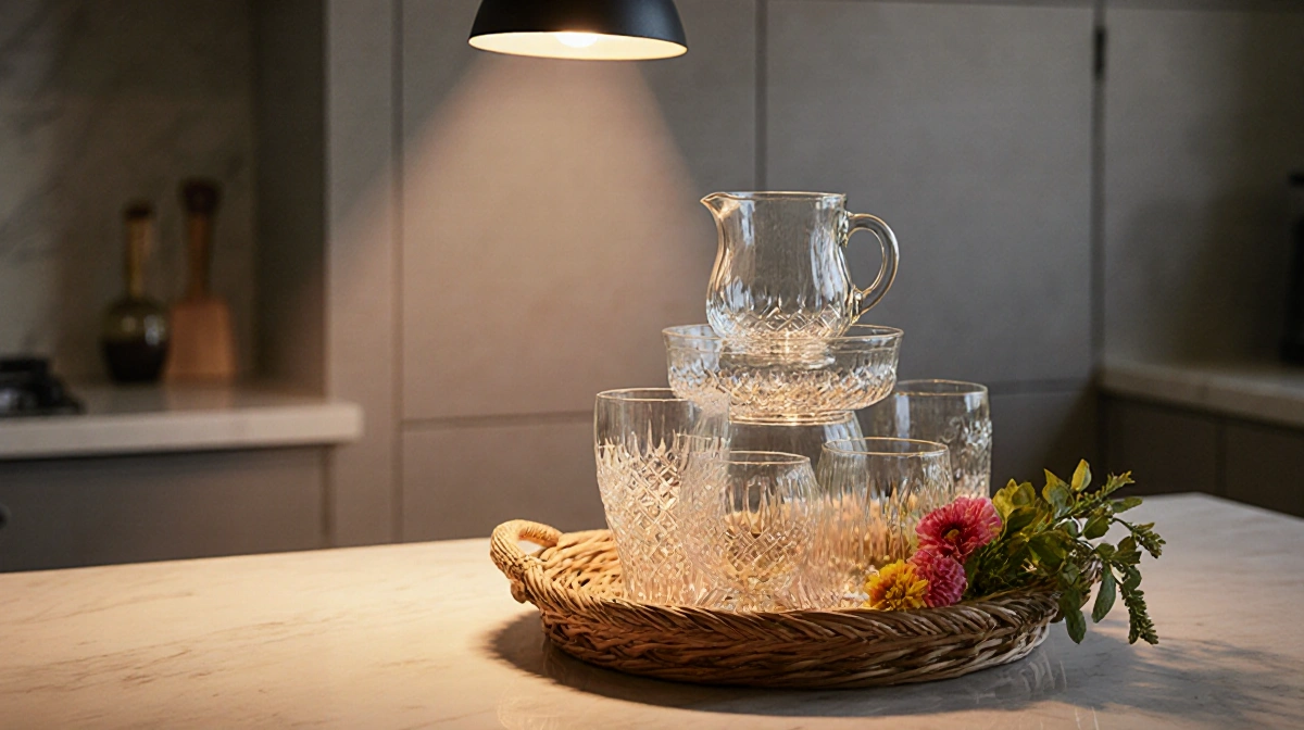 Colorful glassware sets stacked on woven tray with pendant light and fresh flowers creating café kitchen vignette
