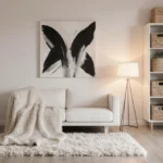 Cozy living room with plush area rug and white sofa showing budget home decor ideas