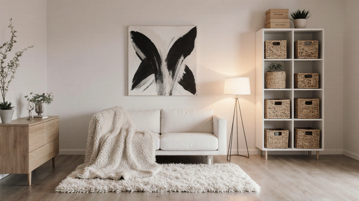 Cozy living room with plush area rug and white sofa showing budget home decor ideas