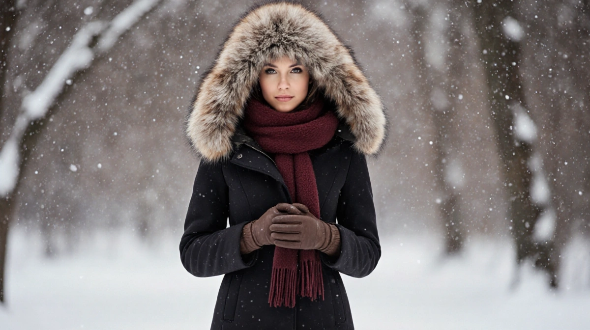 Stylish mom posing in winter coat with fur-trimmed hood and colorful scarf showing elegant winter fashion