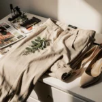 Folded stylish pants rest on white dresser with fashion magazines and fresh greenery nearby