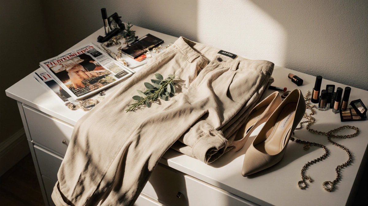 Folded stylish pants rest on white dresser with fashion magazines and fresh greenery nearby