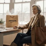 Stylish older woman enjoys morning coffee at kitchen table with camel coat and shopping bags nearby