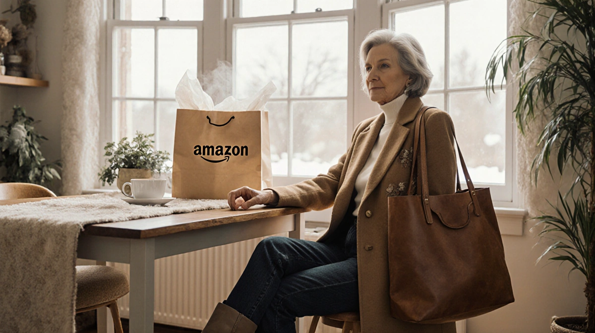 Stylish older woman enjoys morning coffee at kitchen table with camel coat and shopping bags nearby