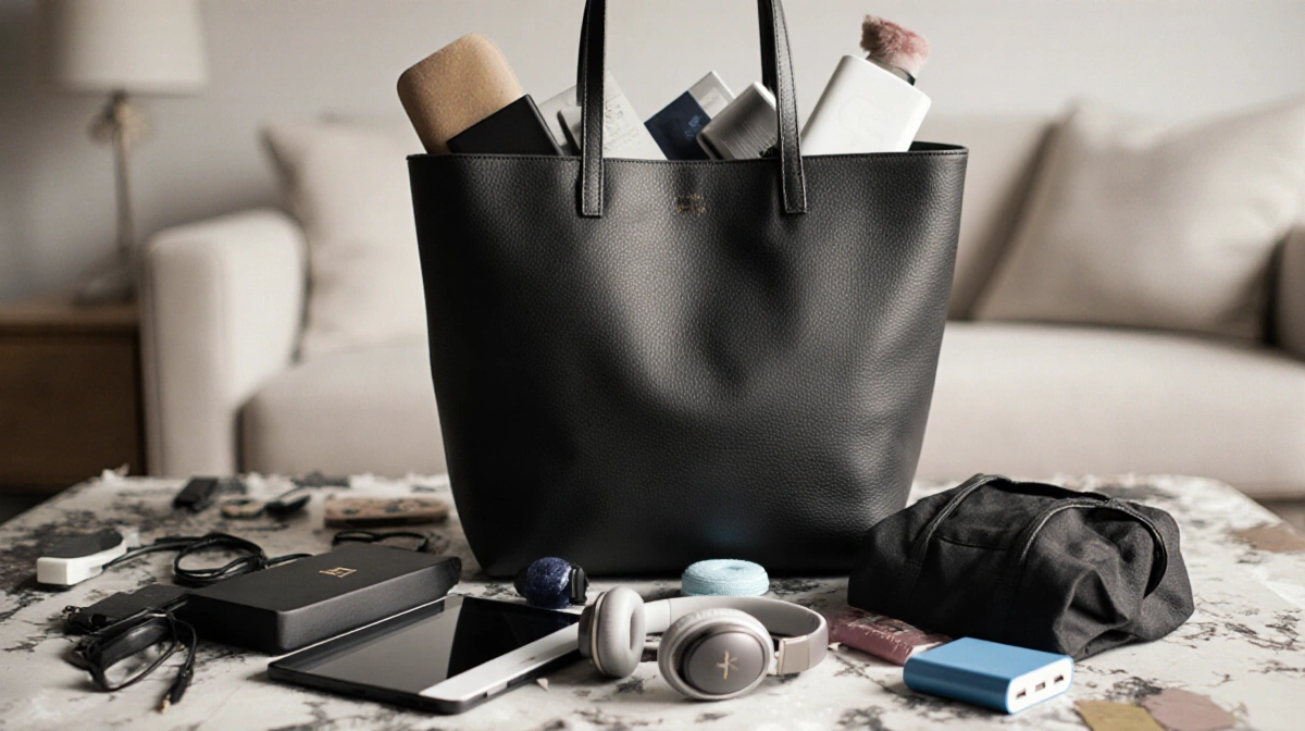 Stylish tote bag sits on cluttered table with tablet and headphones spilling out showing organized travel essentials