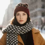 Woman stands confidently in colorful oversized coat with velvet scarf and wool hat against blurred city backdrop