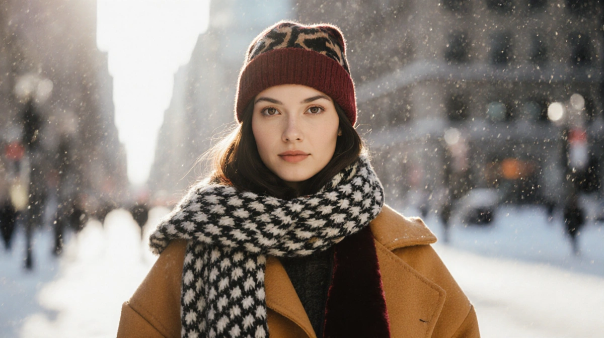 Woman stands confidently in colorful oversized coat with velvet scarf and wool hat against blurred city backdrop