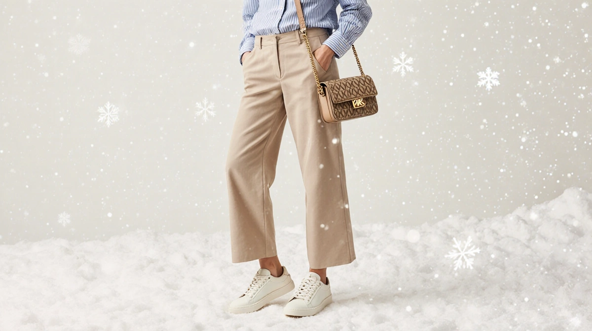 Woman models winter outfit with lace sneakers and crossbody bag while snow falls softly