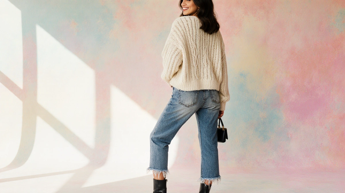 Woman modeling spring outfit with cropped jeans and cable knit sweater against pastel backdrop