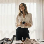Woman wearing torn work pants and patterned trousers holds coffee while standing at cluttered office desk with natural light