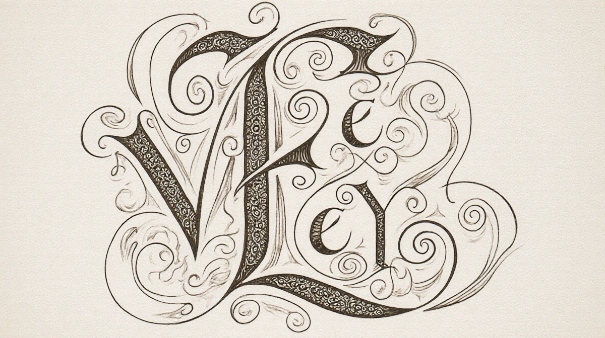Decorative letter E formed with intertwined letters including v e y with delicate filigree swirls and elegant shading