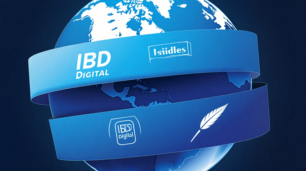 Stylized globe with blue trademark bands shows registered marks and pen nib representing creative ownership