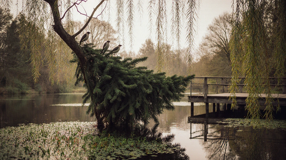 Christmas tree submerged offers fish habitat with branches above water and birds perched in background