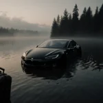 Tesla Model S submerged in misty lake at dawn with floating suitcase near the door