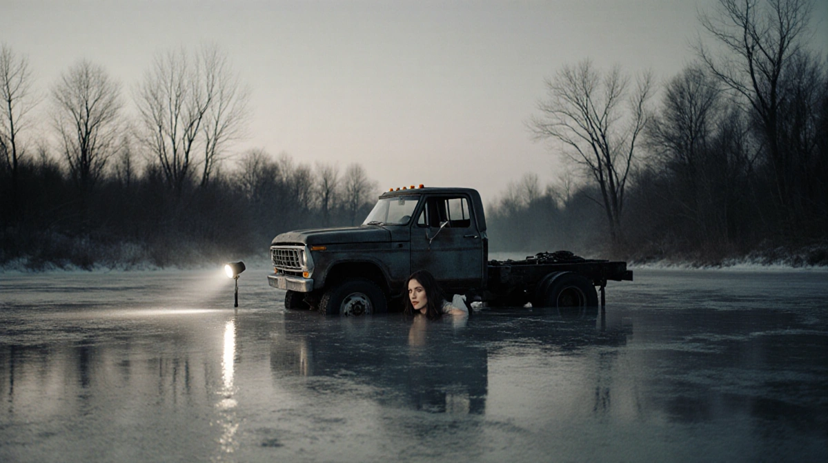 Submerged truck frozen in icy lake water with searchlight illuminating woman