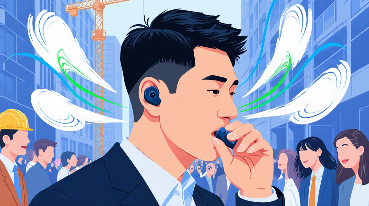 CEO Tyler Chen whispering into a microphone with earbuds emitting white noise waves and bluegreen lines above head