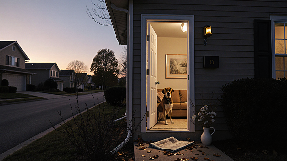 Doorway with warm glow welcomes guests with ring bell and scattered leaves on suburban street.