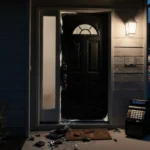 Broken front door hangs ajar with scattered wallet and keys showing signs of burglary