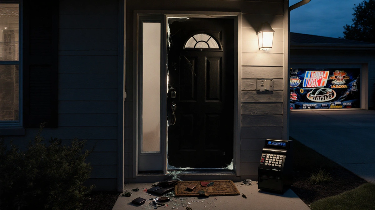 Broken front door hangs ajar with scattered wallet and keys showing signs of burglary