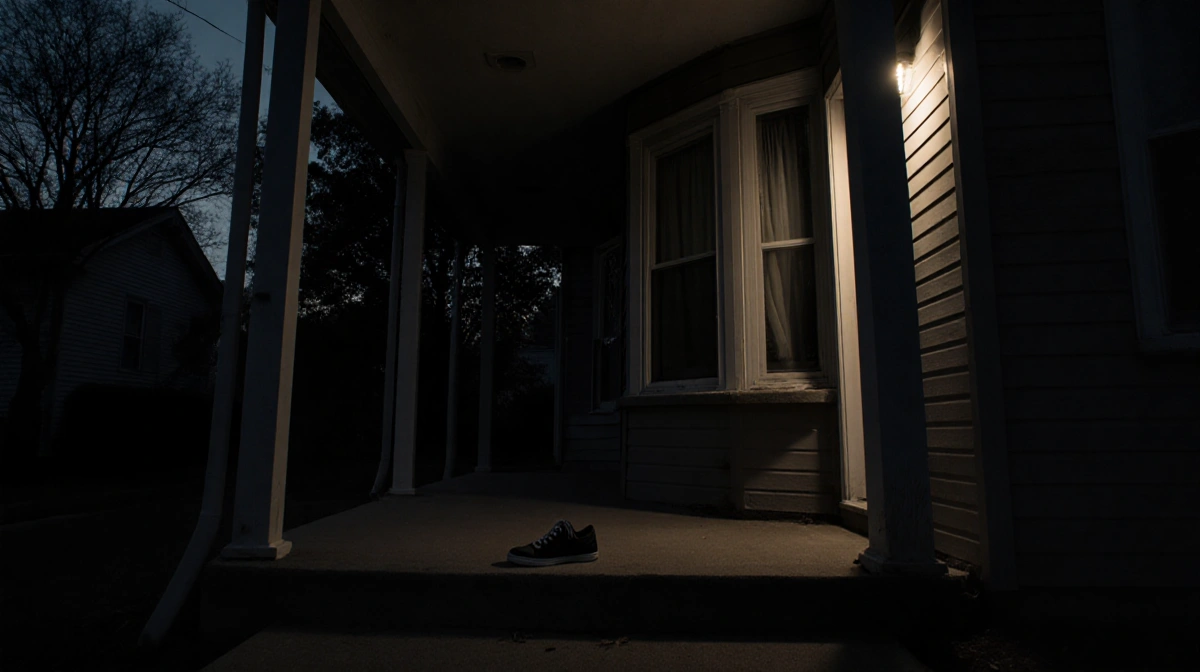 A lone shoe lies abandoned on a porch step with dim interior light and dark curtains.