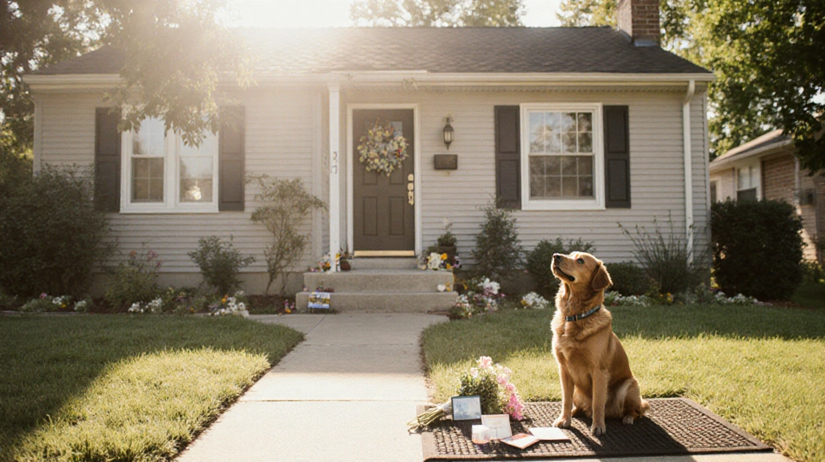 Brown dog sits on porch looking up with flowers and mementos near open door