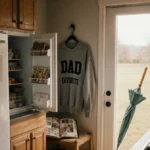 Open refrigerator reveals organized snacks on shelf with cozy reading nook and family photo album nearby