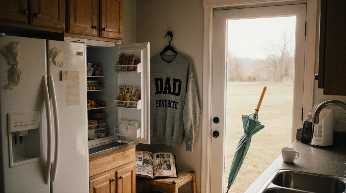 Open refrigerator reveals organized snacks on shelf with cozy reading nook and family photo album nearby