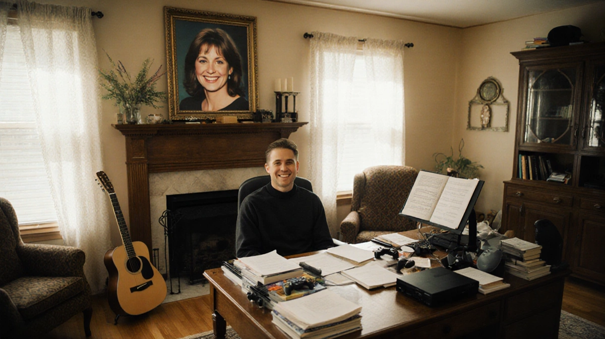 Cozy living room with cluttered wooden desk and guitar near fireplace showing family workspace