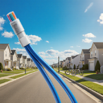 Fiber‑optic cable running across a suburban lawn with traditional and modern New Jersey homes under a bright blue sky