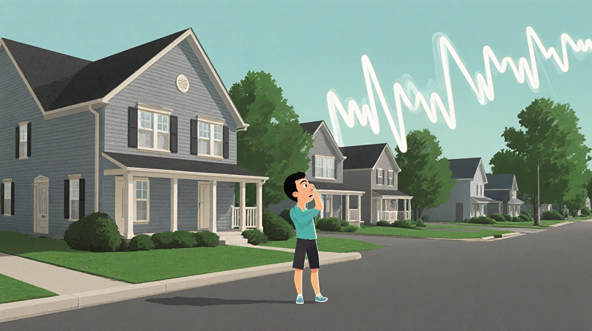 Startled resident looks up from porch with sound wave rising behind suburban house