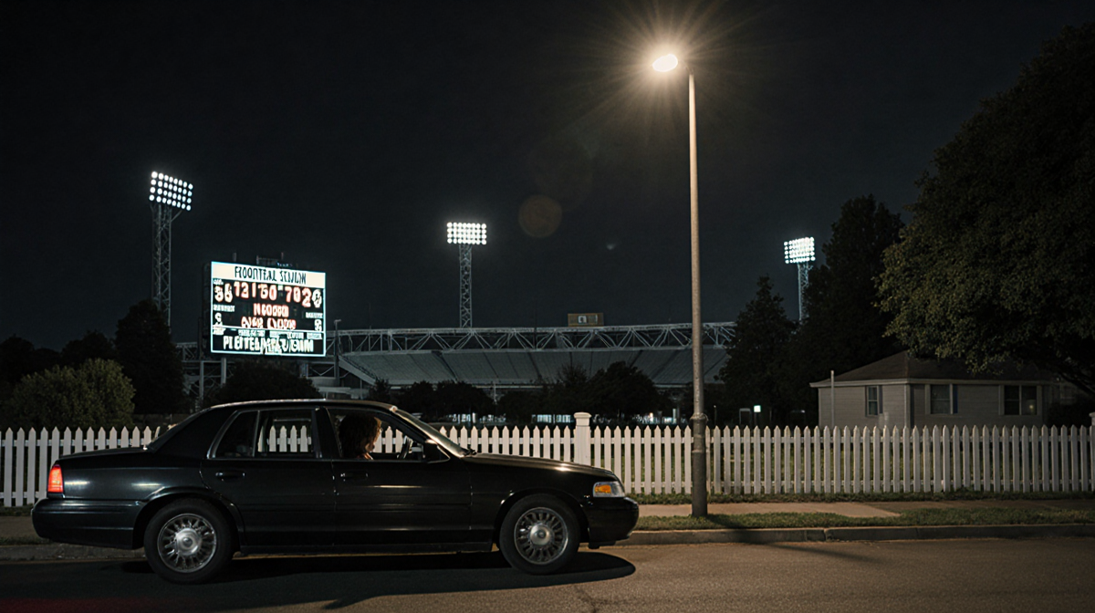 Sedan sits parked near picket fence under streetlight with stadium scoreboard and dark hair seen through rolled rear window.