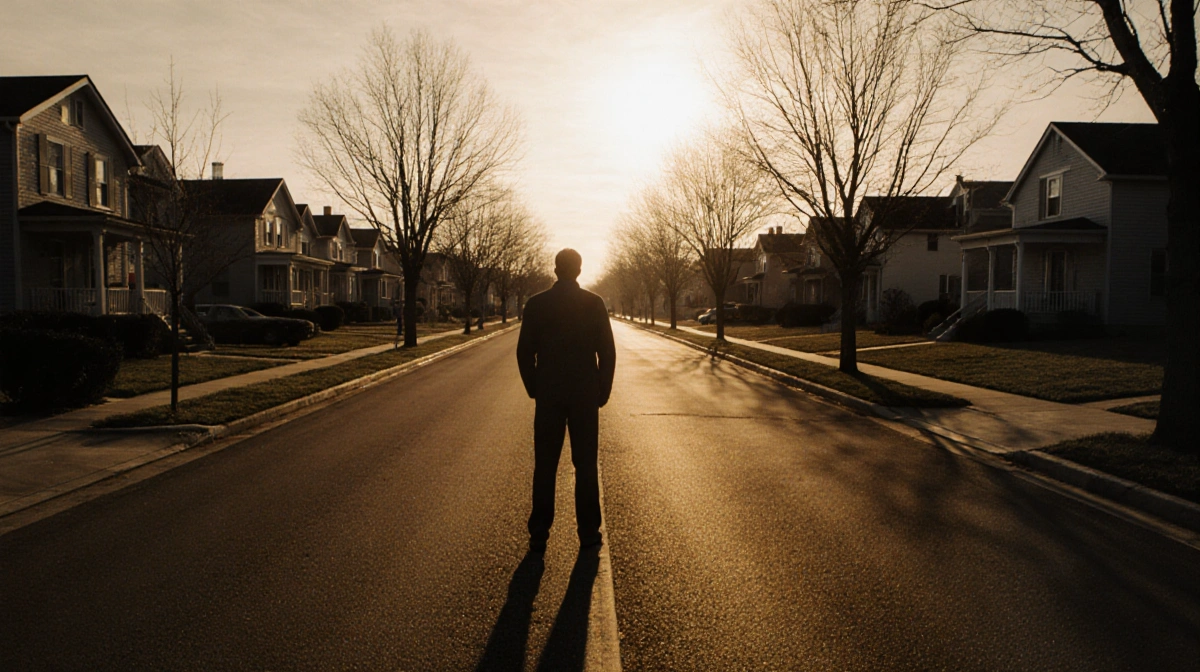 Lone figure stands frozen on empty suburban street with golden afternoon light casting long shadows and vacant houses lining