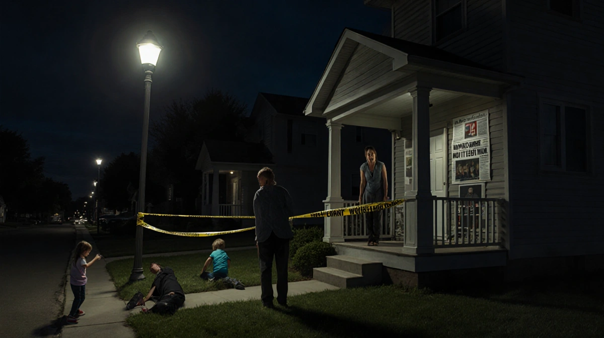 Distraught woman stands on porch with police tape and motionless man on ground while children play nearby