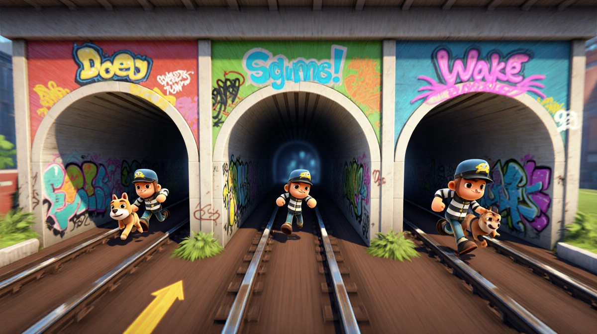 Guard and dog sprint through four graffiti-covered subway tunnels with motion blur trails showing different speeds