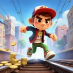 Subway Surfers character sprinting on tracks with coins spilling and cityscape blurred behind